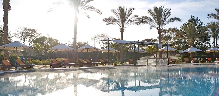 Sunlight filters through tall palms around a tranquil pool lined with loungers and parasols at the Sofitel Cairo Nile Hotel.