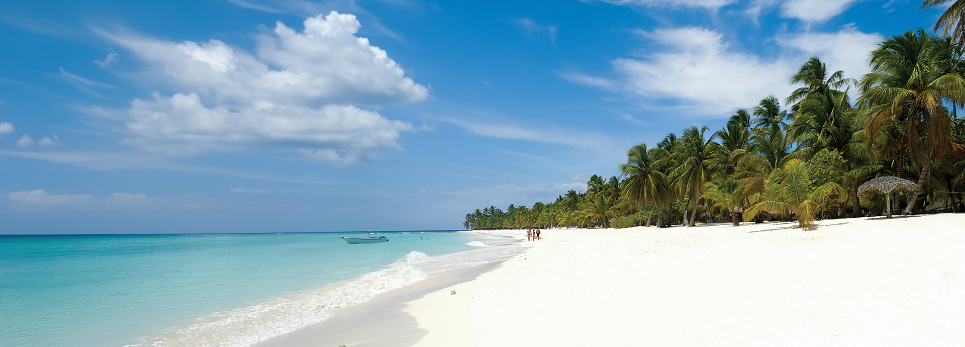 A long, deserted white-sand beach bordered by a dense row of palm trees, turquoise Caribbean water lapping gently at the shore under a blue sky with billowing clouds, Tulum, Mexico.