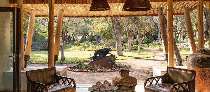 The open-air entrance at Simbavati Camp George looks out across shaded gardens and bushveld, offering a warm and relaxed safari welcome.