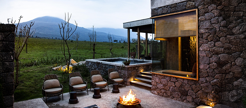 Kataza House boma with campfire and views of Volanoes National Park, Rwanda