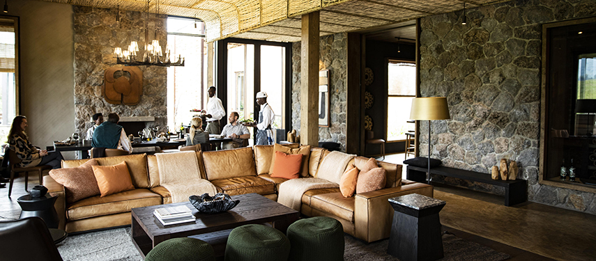 Stylish contemporary lounge area at Kataza House, Rwanda