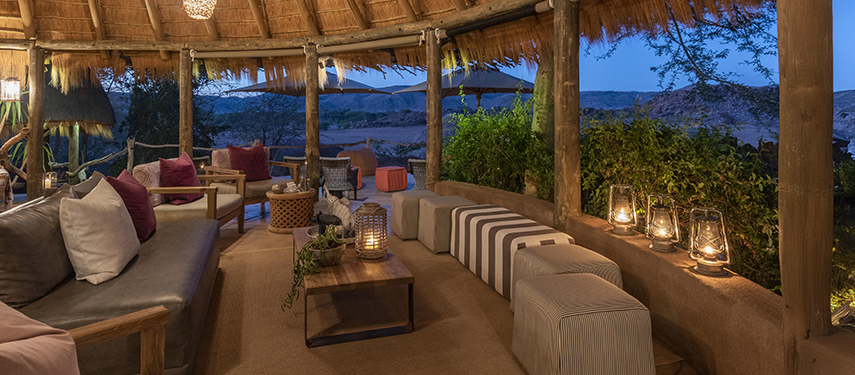 Camp Kipwe lounge at sunset in Damaraland, Namibia