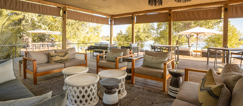 Comfortable open-air lounge area at Toka Leya’s main camp