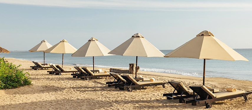 Beach umbrellas on a pristine sandy beach in Sri Lanka