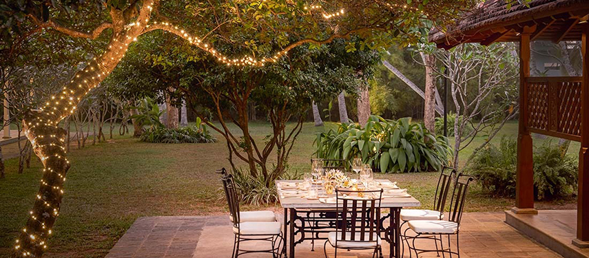 Al Fresco dinner setting on manicured lawns at a luxury hotel in Sri Lanka
