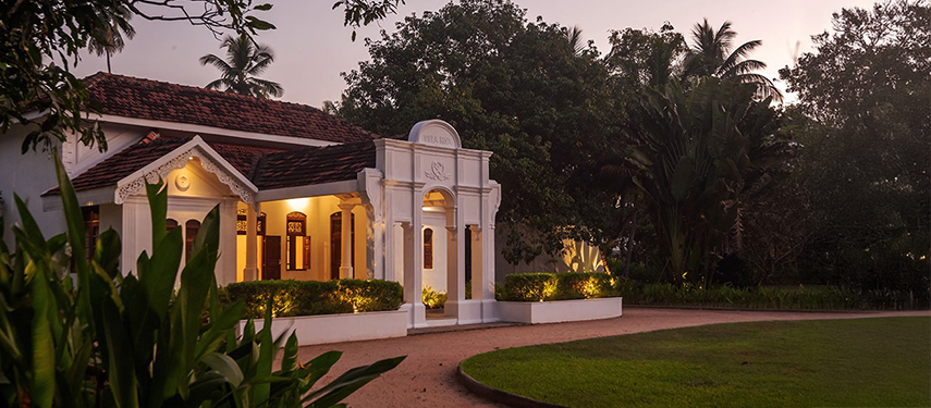 Exterior of Uga Riva hotel at sunset in Sri Lanka