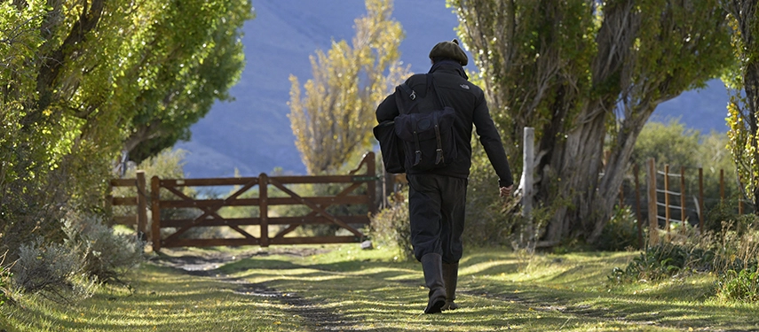 Person walking down a tree-lined dirt path towards a wooden gate at Estancia El Cóndor.