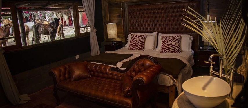 Inviting bedroom with leather chaise lounge and view of horses grazing outside at Estancia Don Joaquín.