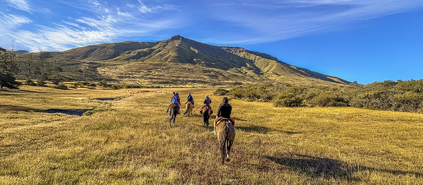 Riders cross a golden valley on horseback beneath a clear sky, surrounded by the vast grasslands of Patagonia.