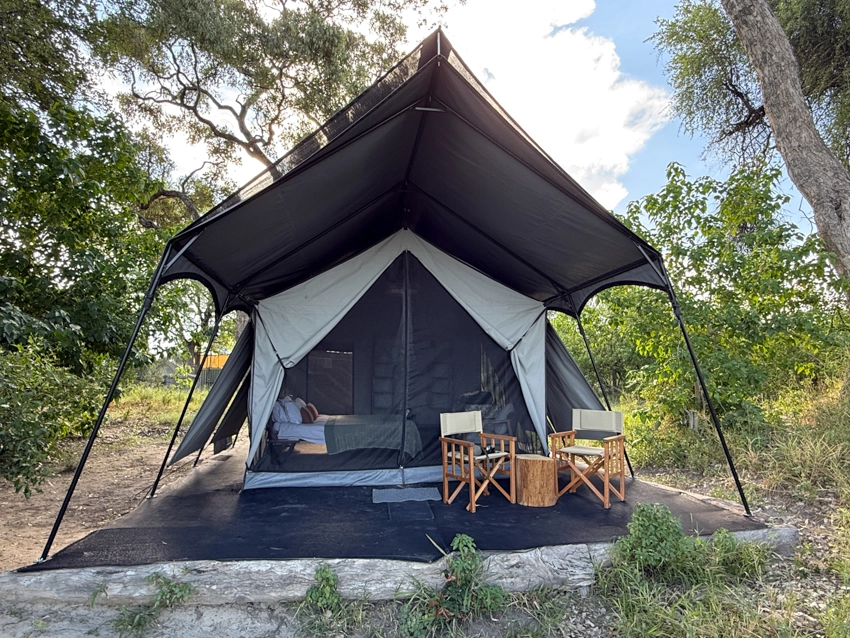 A spacious tented safari suite sits beneath mature trees in the Okavango Delta, blending comfort with complete immersion in nature.
