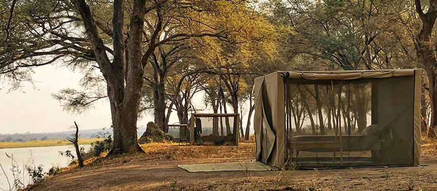 Series of canvas tents under tall trees beside the riverbank at Kutali Camp.