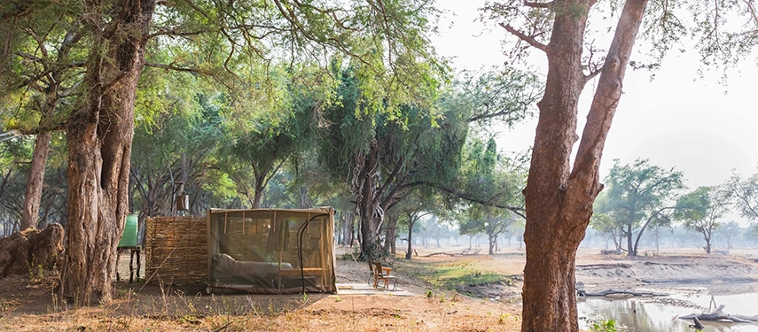 Canvas tent with reed enclosure beside a water channel under shady trees at Kutali Camp.