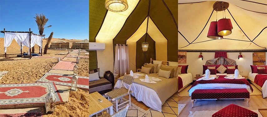 Outdoor seating area with colourful carpets and luxury desert tents under bright blue skies at Merzouga Luxury Desert Camp.
