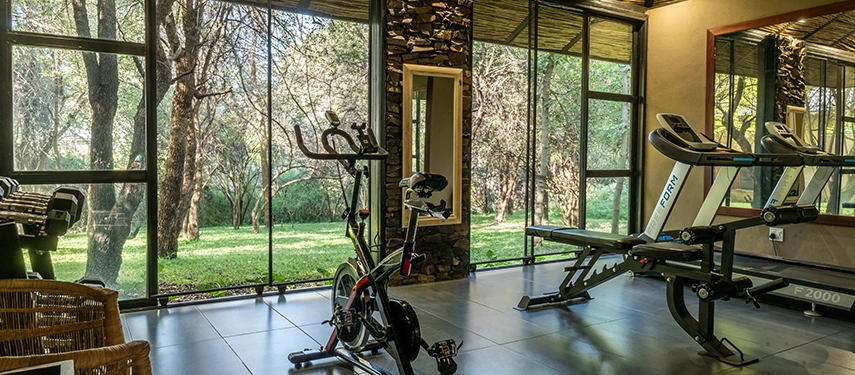 The fitness room at Mukwa River Lodge is enclosed by glass, offering workout equipment with uninterrupted views of the surrounding woodland.