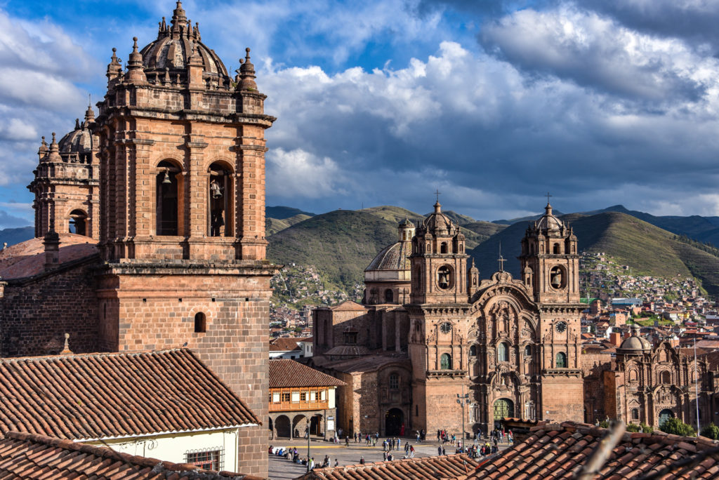 Panoramic view of the Plaza de Armas, Cathedral and Compania de Jesus Church in Cusco, Peru
