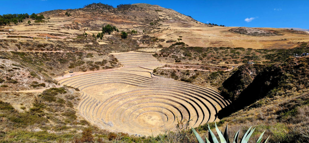 A wide panoramic view of the circular Inca agricultural terraces at Moray sunk into a natural hollow in the Andean plateau, concentric rings of pale earth stepping inward under a vivid blue sky, Sacred Valley, Peru.