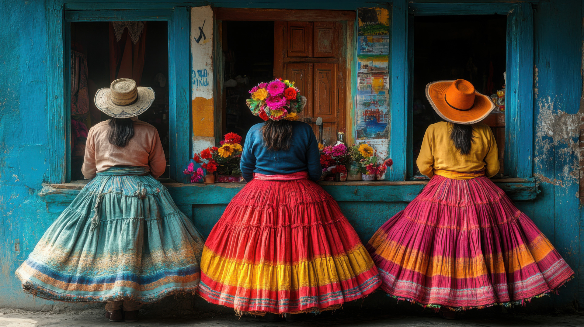 Three women seen from behind wearing voluminous, brightly striped traditional skirts and wide-brimmed hats, leaning against the peeling turquoise facade of a building adorned with fresh flowers, Peru.
