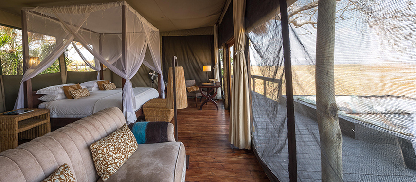 Spacious tented suite with lounge, work area and mesh walls opening to the plains beyond