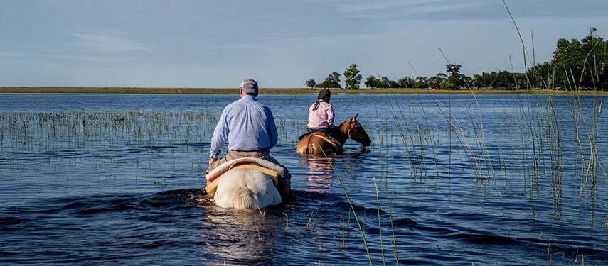 Riders on horseback crossing a calm wetland with reeds and open horizon at Estancia Don Joaquín.