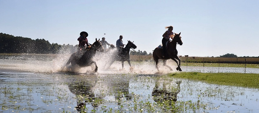 Group of riders galloping through shallow wetlands under bright blue skies at Estancia Don Joaquín.