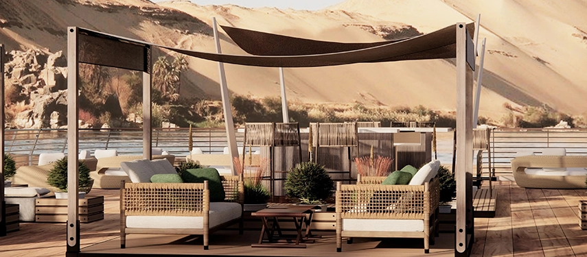 Shaded lounge seating on the upper deck of A&K Sanctuary Nile Seray, designed for relaxed river viewing and quiet moments between excursions.