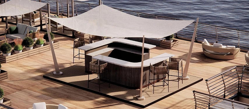 An elegant outdoor dining and bar area on the deck of A&K Sanctuary Nile Seray, set beneath sail-inspired canopies overlooking the river.