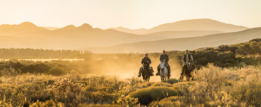 Horseriding at sunset through Patagonia