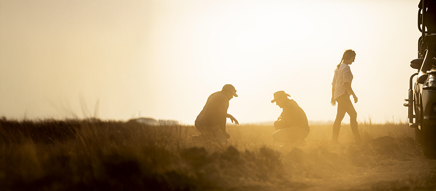 Guests and guide exploring the Busanga Plains during a golden-hour walking safari