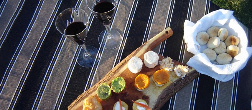 Picnic spread with red wine and homemade appetisers on a striped cloth at Estancia Don Joaquín.